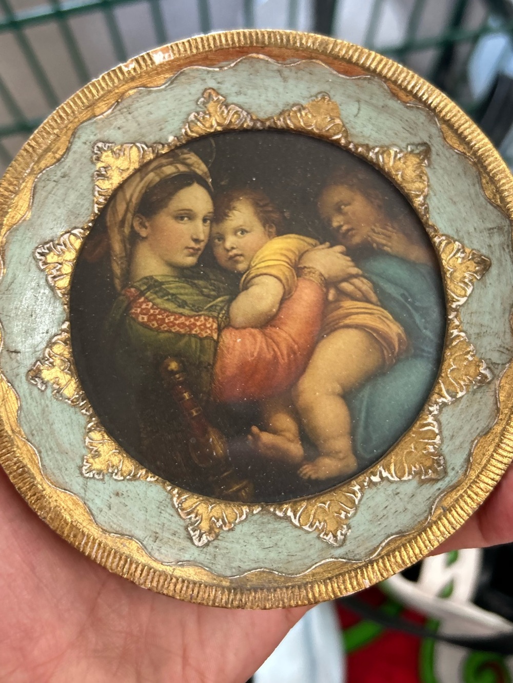 Vintage Raphael Madonna of the Chair Artwork Hand Carved And Painted Frame Italy